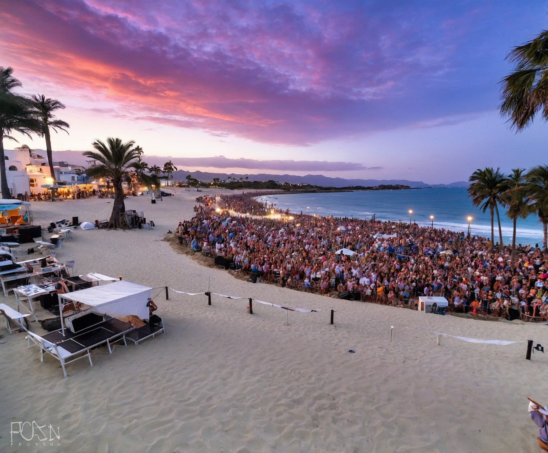 Festival de música en la playa al atardecer