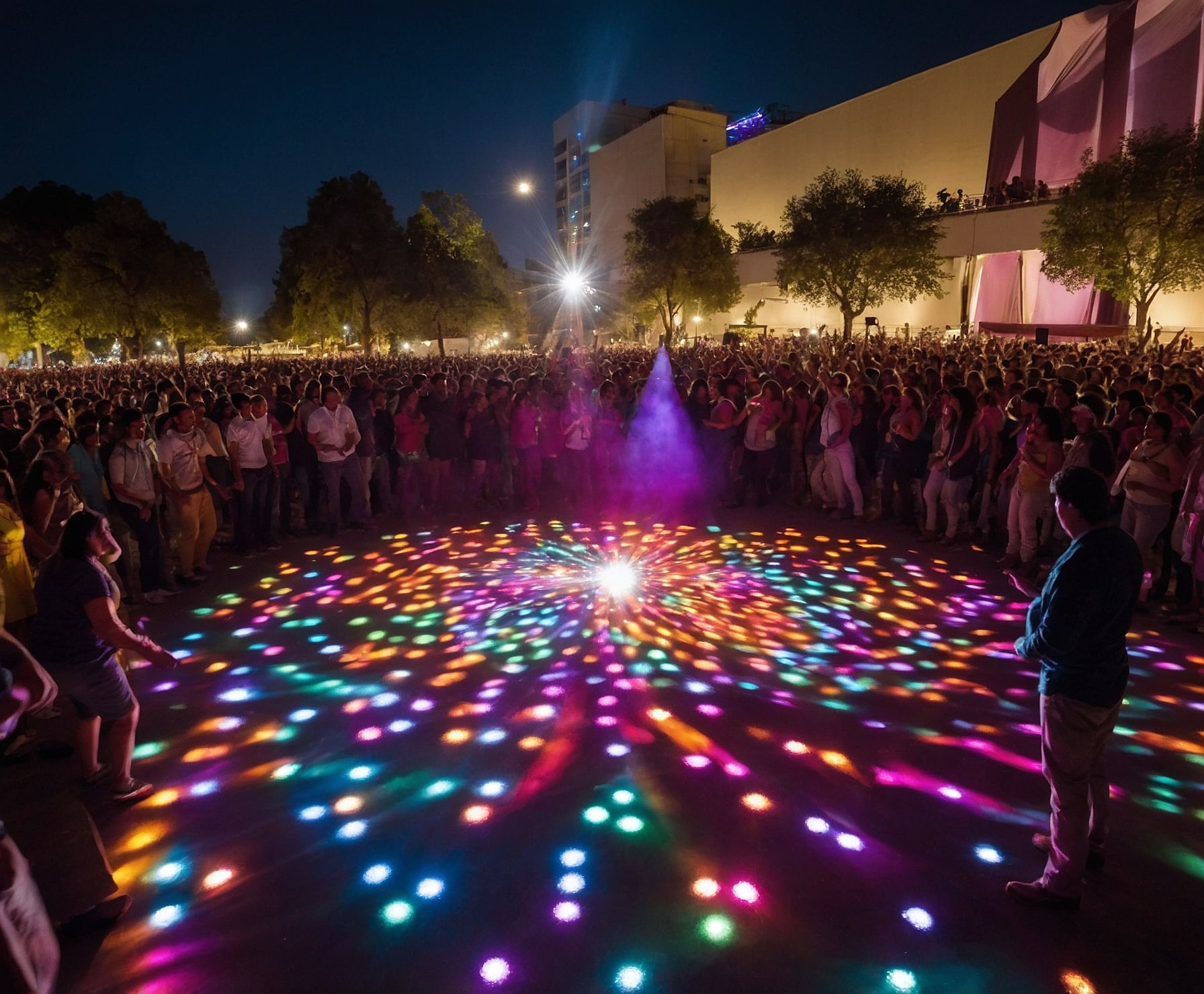 Festival de música urbana con luces y colores vibrantes.